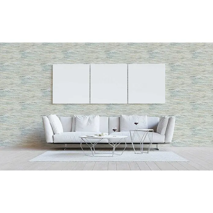 Tadessi Vliestapete M1-No.2573 - Grau, Streifen, 10,05 x 0,53 m - Blau-beigefarbene Wellenmuster-Tapete an einer Wohnzimmerwand für eine ruhige und natürliche Atmosphäre.