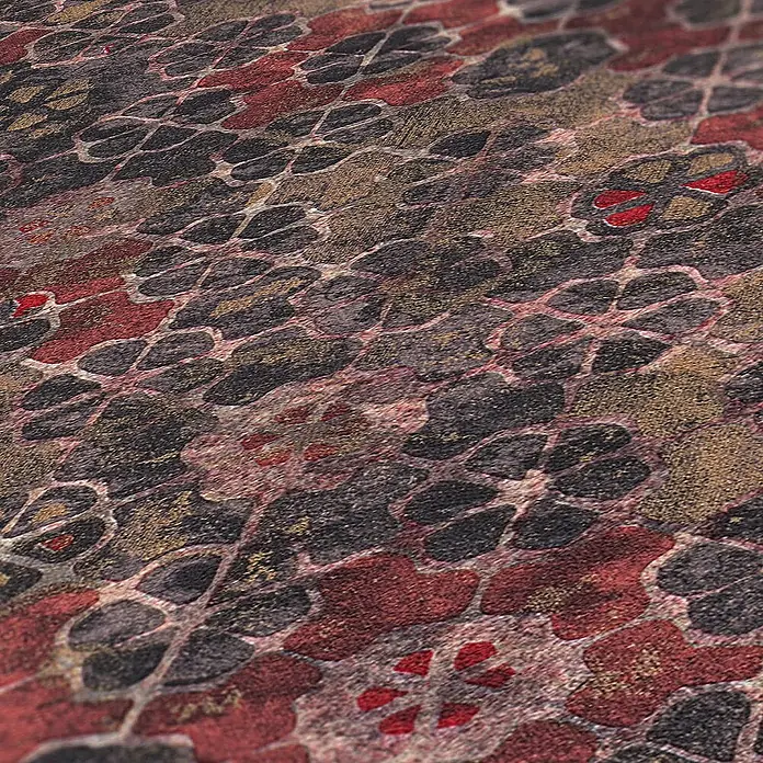 Tadessi Vliestapete M1-No.362 - Rot, Fliesenoptik, 10,05 x 0,53 m - Reich texturierte Oberfläche mit organischen Blumenmustern in Tiefrot, Dunkelgrau und schimmerndem Gold.