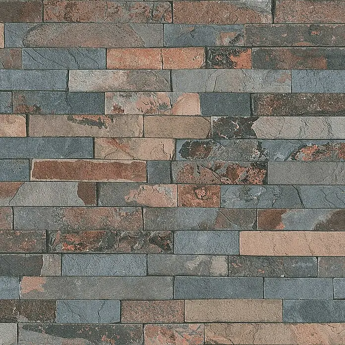 Tadessi Vliestapete M1-No.111 - Grau, Steinoptik, 10,05 x 0,53 m - Mehrfarbige Naturstein-Wandverkleidung mit rechteckigen Fliesen in Grau-, Braun- und Rostrottönen.