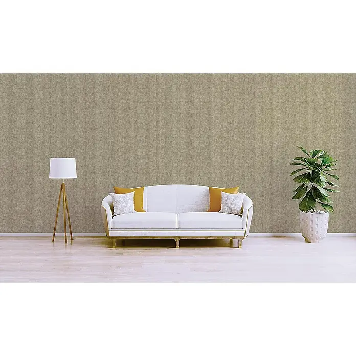 Tadessi Vliestapete M1-No.1730 - Grau, Sonstiges, 10,05 x 0,53 m - Beige, texturierte Tapete an einer Wohnzimmerwand hinter einem weißen Sofa.