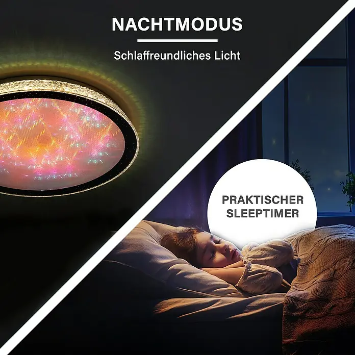 MegaLight LED-Deckenleuchte rund Shining Magic - 40 W, Ø x H: 50 x 6,5 cm, Weiß, Warmweiß - Das Bild zeigt eine LED-Deckenleuchte mit Nachtmodus und Schlaffunktion, die ein schlaffreundliches Licht ausstrahlt.