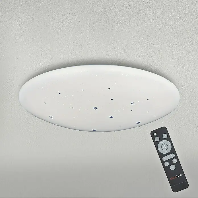 MegaLight LED-Deckenleuchte rund Shining Diamond - 56 W, Ø x H: 57,5 x 12,5 cm, Weiß, Warmweiß - Eine moderne, runde LED-Deckenleuchte mit Sterneneffekt und passender Fernbedienung für eine stimmungsvolle Beleuchtung im Raum.