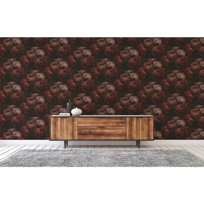 Tadessi Vliestapete M1-No.366 - Schwarz, Floral, 10,05 x 0,53 m - Holzsideboard mit grauer Platte und dunklen Beinen, mit Ziergefäßen auf floraler Tapete.