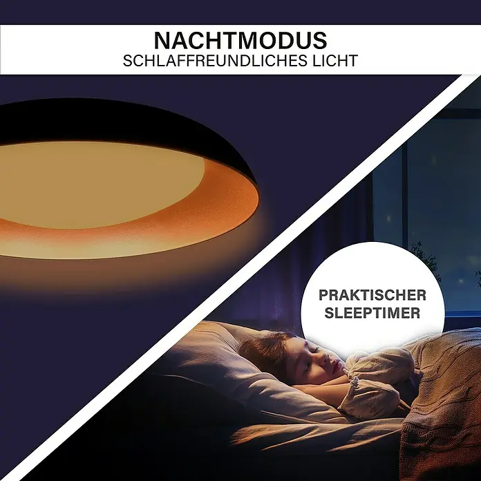 MegaLight LED-Deckenleuchte rund Bowl - 24 W, Ø x H: 49 x 9,5 cm, Rosegold, Warmweiß - Nachtmodus Deckenleuchte: Schlafmodusanzeige mit Nachtlicht und praktischem Sleep Timer für angenehme Nachtruhe.