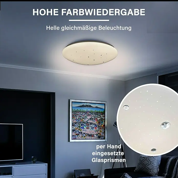 MegaLight LED-Deckenleuchte rund Shining Diamond - 24 W, Ø x H: 38 cm x 12 mm, Weiß, Warmweiß - Deckenleuchte mit hoher Farbwiedergabe und hell gleichmäßiger Beleuchtung, verziert mit handgefertigten Glasprismen für einen Hauch von Eleganz.