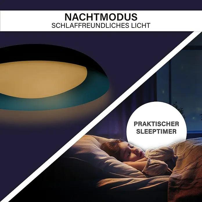 MegaLight LED-Deckenleuchte rund Bowl - 24 W, Ø x H: 40 x 9,5 cm, Petrol, Warmweiß - Das Bild zeigt eine Deckenleuchte mit Nachtmodus und Schlaftimer, die ein schlaffreundliches Licht spendet, während ein Kind friedlich schläft.
