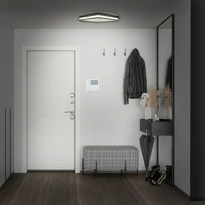MegaLight LED-Deckenleuchte Shining Frame - 15 W, L x B x H: 27 x 27 x 4 cm, Weiß, Neutralweiß - Ein stilvoller Flur mit einer modernen Deckenleuchte, die den Raum hell und einladend macht. Die perfekte Beleuchtung für jeden Eingangsbereich.