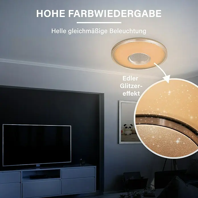 MegaLight LED-Deckenleuchte rund Shining Star - 24 W, Ø x H: 49 x 8,5 cm, Gold, Warmweiß - Deckenleuchte mit Glitzereffekt. Moderne LED-Deckenlampe mit hoher Farbwiedergabe und gleichmäßiger Beleuchtung für ein gemütliches Ambiente.