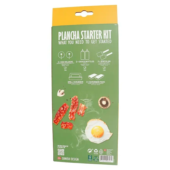 Cozze Grillzubehör-Set Plancha Starter - 9 -tlg. - Das Bild zeigt eine Plancha Starter Kit-Verpackung mit Zubehör wie Eierhalter, Saucenflaschen und Grillbürste.