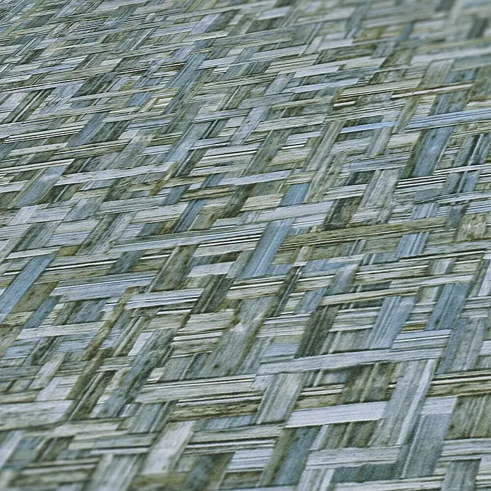 Tadessi Vliestapete M1-No.1534 - Blau, Holzoptik, 10,05 x 0,53 m - Hellgraublaue und braune, diagonal gewebte Naturfaserstruktur.