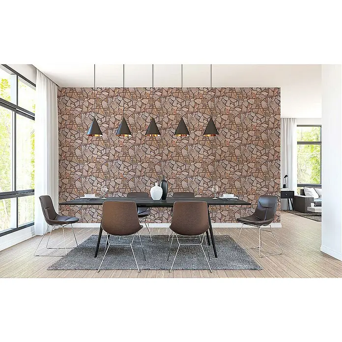 Tadessi Vliestapete M1-No.874 - Beige, Steinoptik, 10,05 x 0,53 m - Steinoptik-Tapete an einer Esszimmerwand, die ein natürliches, rustikales Ambiente schafft.