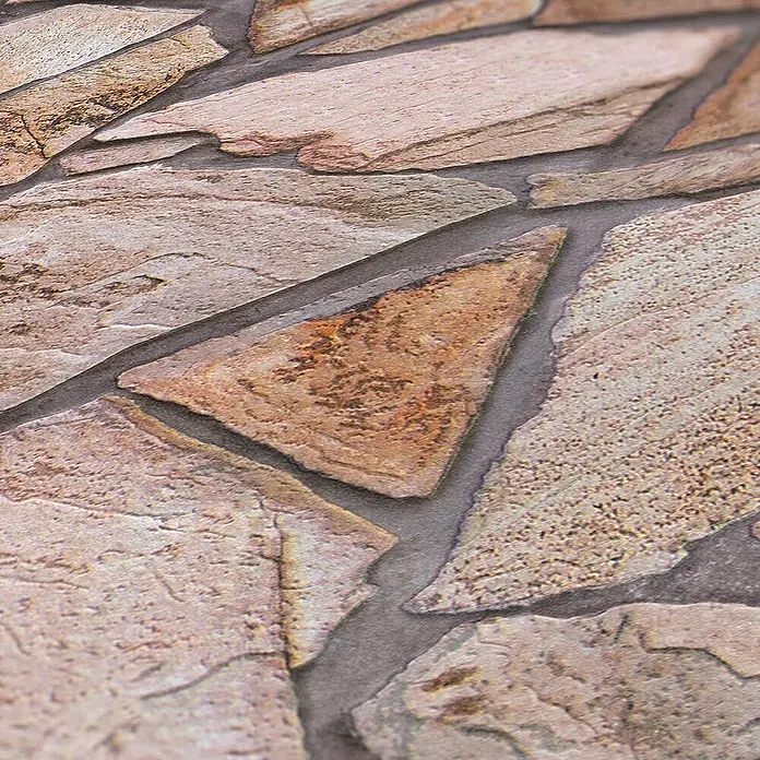 Tadessi Vliestapete M1-No.874 - Beige, Steinoptik, 10,05 x 0,53 m - Unregelmäßig geformte Steinpflasterung mit rauer Textur in Braun- und Beigetönen, getrennt durch dunkle Fugen.