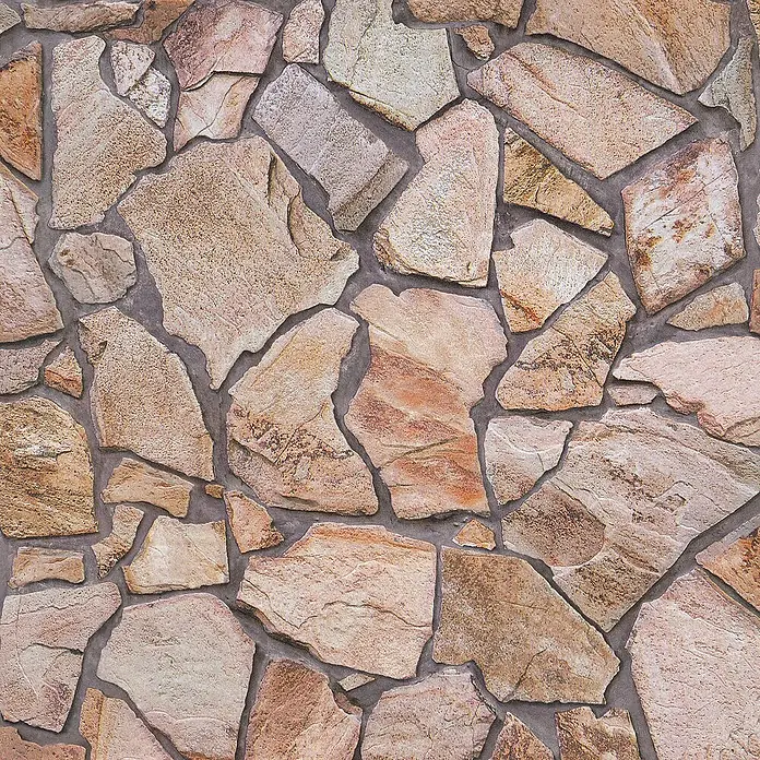 Tadessi Vliestapete M1-No.874 - Beige, Steinoptik, 10,05 x 0,53 m - Wandverkleidung aus unregelmäßigen Natursteinen in Erdtönen, mit dunklem Mörtel verfugt.