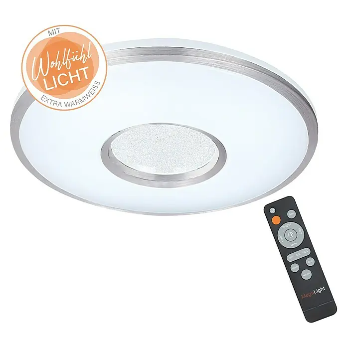 MegaLight LED-Deckenleuchte rund Shining Silver - 24 W, Ø x H: 49 x 8,5 cm, Weiß, Bernstein - Moderne LED-Deckenleuchte mit Fernbedienung zur Steuerung der Lichtfarbe und Helligkeit für eine angenehme Atmosphäre.