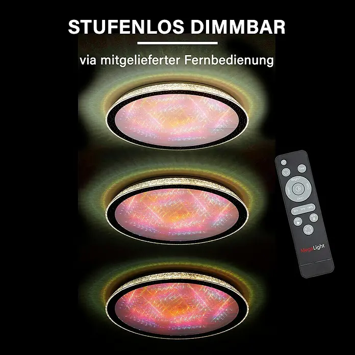 MegaLight LED-Deckenleuchte rund Shining Magic - 40 W, Ø x H: 50 x 6,5 cm, Weiß, Warmweiß - Deckenleuchte mit Fernbedienung: Stufenlos dimmbar, für individuelle Lichtstimmungen im Raum, mit dekorativem Sternenhimmel-Effekt.