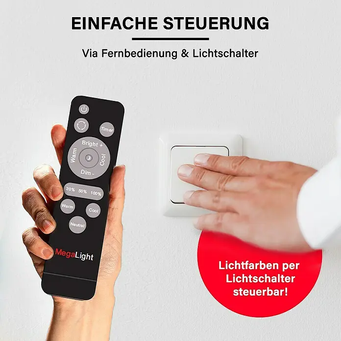 MegaLight LED-Deckenleuchte Shining Saturn - 44 W, Weiß, Warmweiß - Bild einer MegaLight Fernbedienung zur Steuerung von Lichtfarben und Helligkeit, mit der Option zur Steuerung per Lichtschalter.