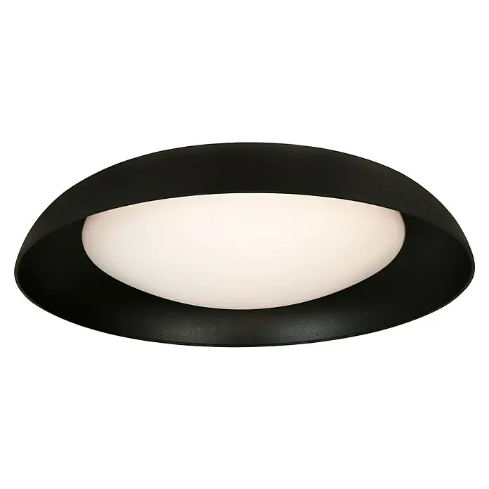 MegaLight LED-Deckenleuchte rund Bowl - 24 W, Ø x H: 40 x 9,5 cm, Schwarz, Warmweiß - Eine Nahaufnahme einer modernen schwarzen Hängeleuchte mit einer runden, weißen Glühbirne, die für eine elegante Beleuchtung sorgt.