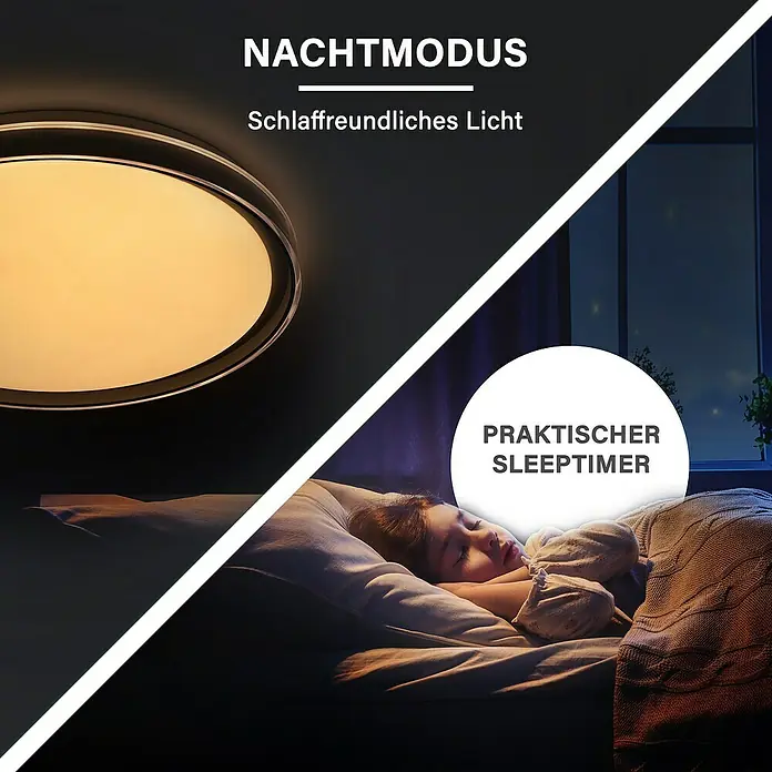 MegaLight LED-Deckenleuchte rund Shining Saturn - 40 W, Ø x H: 50 x 7 cm, Weiß, Warmweiß - Produktbild: Nachtmodus Deckenleuchte mit Schlaffunktion und Timer für eine entspannte Atmosphäre im Schlafzimmer.