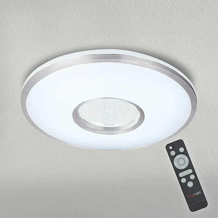 MegaLight LED-Deckenleuchte rund Shining Silver - 24 W, Ø x H: 49 x 8,5 cm, Weiß, Bernstein - Deckenleuchte mit Fernbedienung. Elegante, runde LED-Deckenleuchte in Weiß und Silber mit praktischer Fernbedienung zur Steuerung der Lichtfarbe.