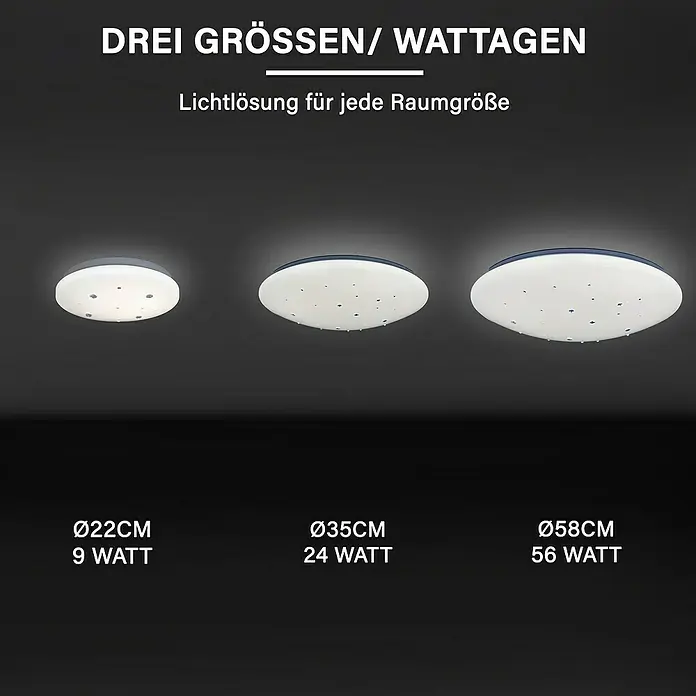 MegaLight LED-Deckenleuchte rund Shining Diamond - 9,5 W, Weiß, Warmweiß - Deckenleuchten-Set in drei Größen: 22 cm (9 Watt), 35 cm (24 Watt) und 58 cm (56 Watt). Ideal für jede Raumgröße.