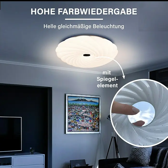 MegaLight LED-Deckenleuchte rund Shining Coral - 24 W, Ø x H: 49 x 9 cm, Weiß, Warmweiß - Deckenleuchte mit Spiegelelement für hohe Farbwiedergabe und helle, gleichmäßige Beleuchtung. Elegantes Design für jeden Raum.