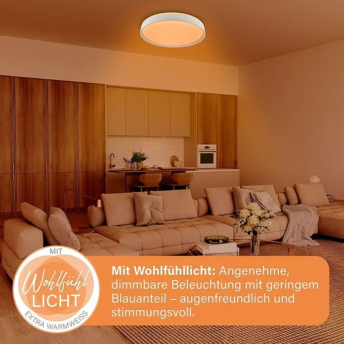 MegaLight LED-Deckenleuchte rund Shining Saturn - 45 W, Ø x H: 50 x 7,3 cm, Weiß, Bernstein - Elegante Deckenleuchte für angenehmes, dimmbares Wohlfühllicht mit geringem Blauanteil.