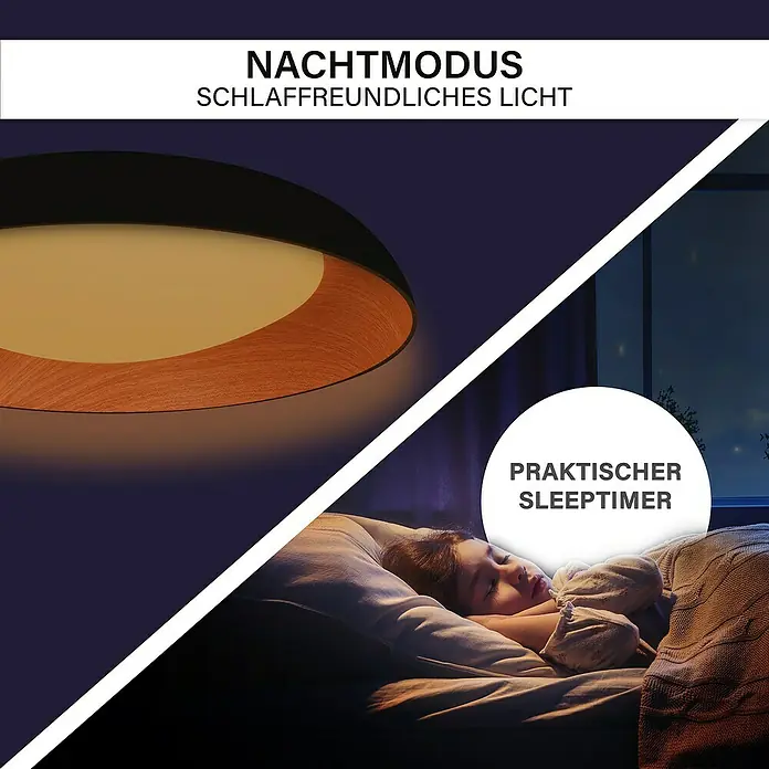 MegaLight LED-Deckenleuchte rund Bowl - 24 W, Ø x H: 40 x 9,5 cm, Wood, Warmweiß - Schlafzimmer-Szene mit einer Deckenleuchte im Nachtmodus, die sanftes, schlaffreundliches Licht spendet und über einen praktischen Sleep-Timer verfügt.