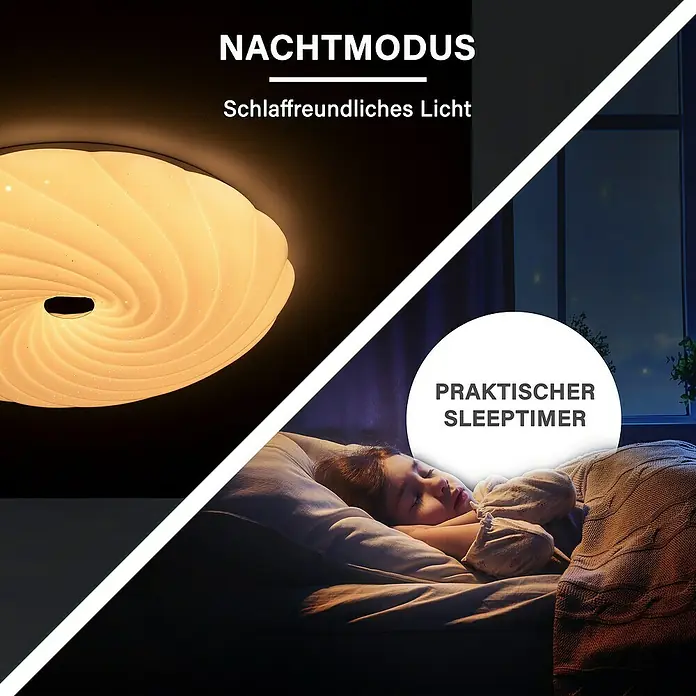 MegaLight LED-Deckenleuchte rund Shining Coral - 24 W, Ø x H: 49 x 9 cm, Weiß, Warmweiß - Das Bild zeigt eine Deckenleuchte mit Nachtmodus und Schlaffunktion, die für ein schlaffreundliches Licht sorgt.