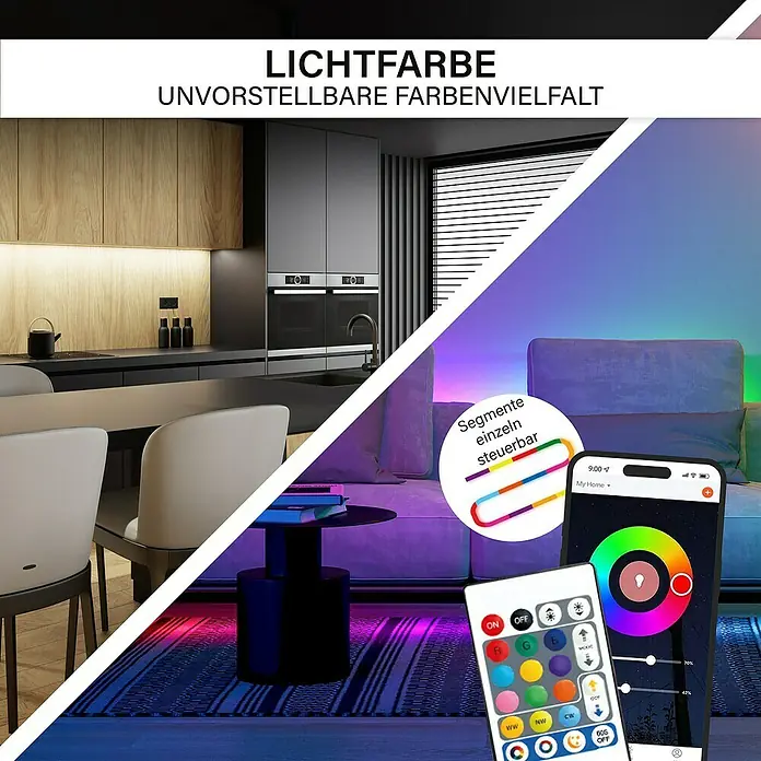 MegaLight LED-Stripes Smart - Länge: 3 m, RGBW, 300 lm - LED-Leuchten im Wohnzimmer mit unglaublicher Farbvielfalt, gesteuert über eine Smartphone-App und Fernbedienung.