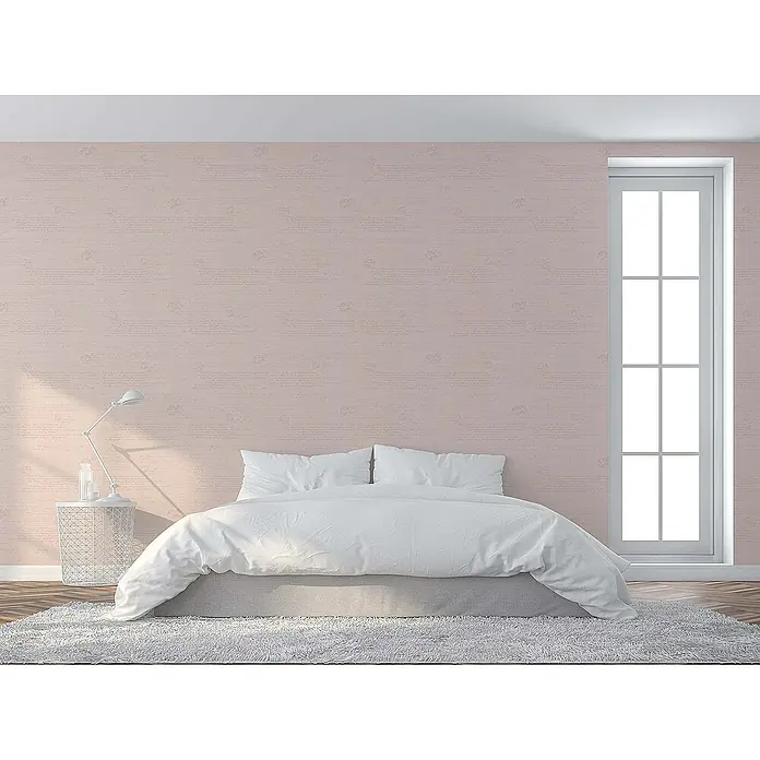 Tadessi Vliestapete M1-No.1511 - Rosa, Sonstiges, 10,05 x 0,53 m - Hellrosa Tapete mit dezentem Muster in einem modernen Schlafzimmer über einem Bett.