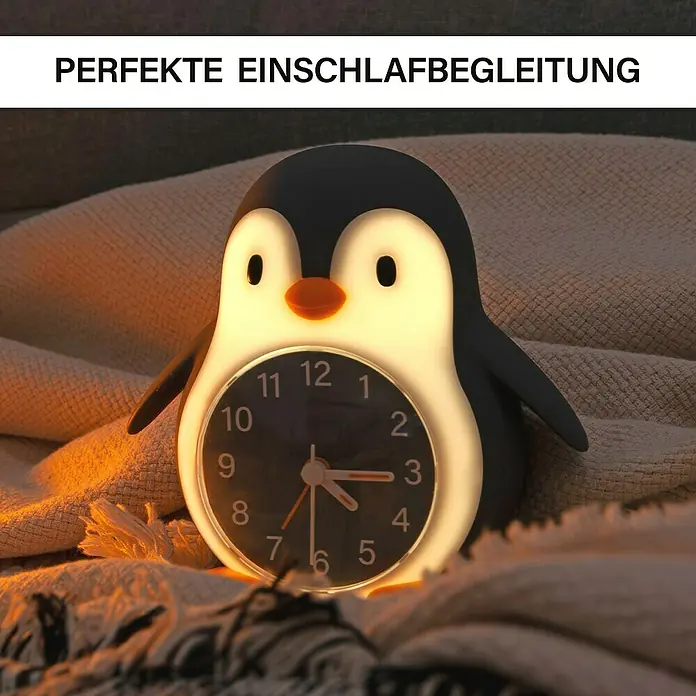 MegaLight Nachtlicht Wecker Poppy Penguin - Schwarz, Weiß, 14,8 x 13,8 cm - Niedlicher Pinguin-Nachttischwecker, der als perfekte Einschlafhilfe dient und die Uhrzeit stilvoll anzeigt.