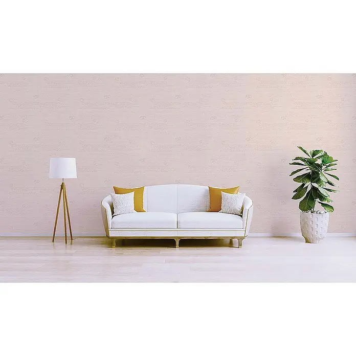 Tadessi Vliestapete M1-No.1511 - Rosa, Sonstiges, 10,05 x 0,53 m - Gemütliches, minimalistisches Wohnzimmer mit hellem Sofa, Stehlampe und Grünpflanze.