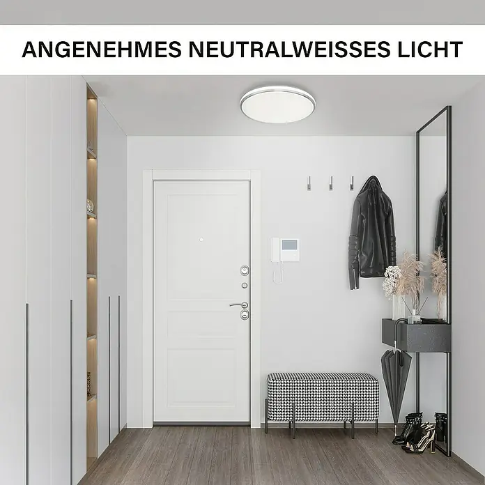 MegaLight LED-Deckenleuchte rund Shining Frame - 18 W, Ø x H: 33 x 4,5 cm, Weiß, Neutralweiß - Innenaufnahme eines Flurs mit einer runden Deckenleuchte, die angenehmes, neutralweißes Licht spendet.