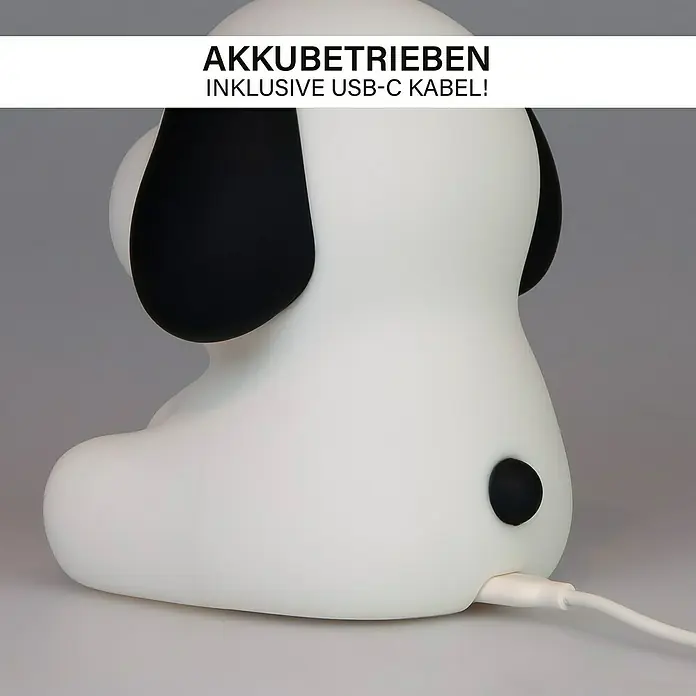 MegaLight Nachtlicht Benny Beagle - Schwarz, Weiß - Das Snoopy-Nachtlicht ist batteriebetrieben und wird mit einem USB-C-Kabel geliefert.