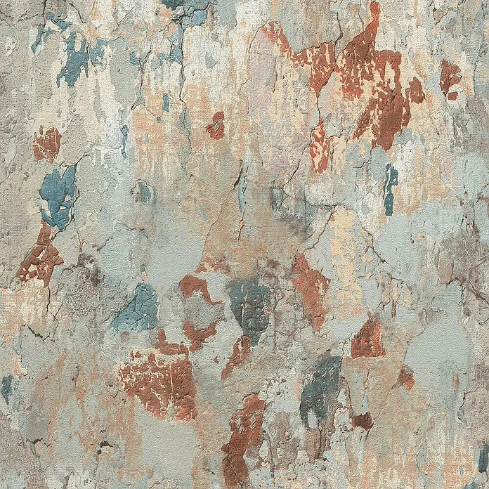 Tadessi Vliestapete M1-No.647 - Rot, Steinoptik, 10,05 x 0,53 m - Abgenutzte Wandstruktur mit abblätternder Farbe in gedämpften Blau-, Grün-, Beige-, Braun- und Rotorangetönen, mit Rissen.
