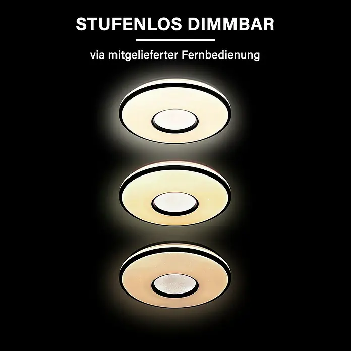 MegaLight LED-Deckenleuchte rund Shining Star - 24 W, Ø x H: 49 x 8,5 cm, Schwarz, Warmweiß - Die LED-Deckenleuchte ist stufenlos dimmbar und wird mit einer Fernbedienung geliefert. Verschiedene Dimmstufen sind dargestellt.