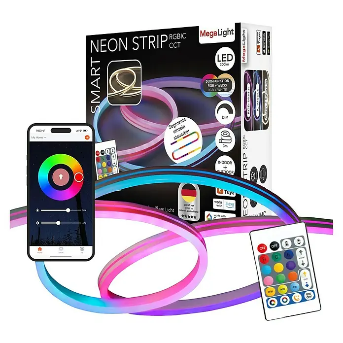 MegaLight LED-Stripes Smart - Länge: 3 m, RGBW, 300 lm - Produktabbildung einer MegaLight Neon Strip RGBIC CCT mit Smartphone-App-Steuerung und Fernbedienung für individuelle Beleuchtungseffekte.