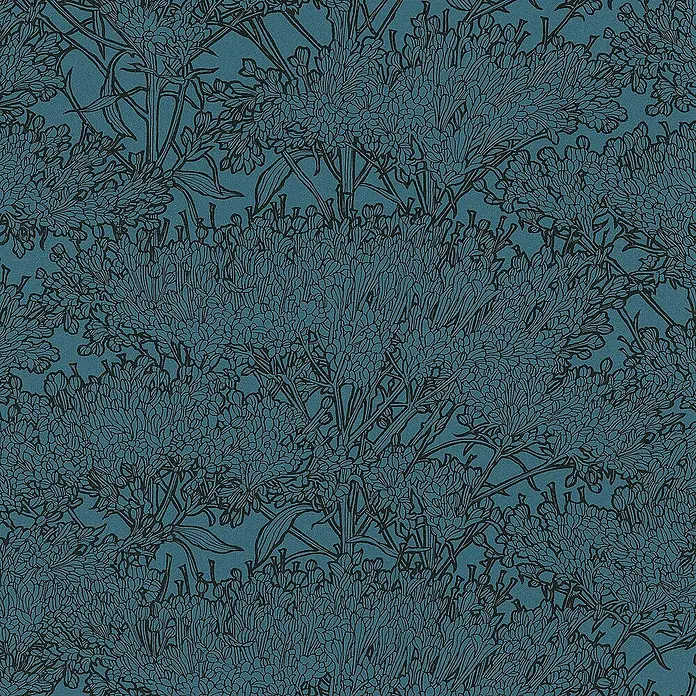 Tadessi Vliestapete M1-No.2819 - Schwarz, Floral, 10,05 x 0,53 m - Nahtloses, petrolfarbenes Blumenmuster mit stilisierten dunklen Umrissen dichter Blüten und Blätter.