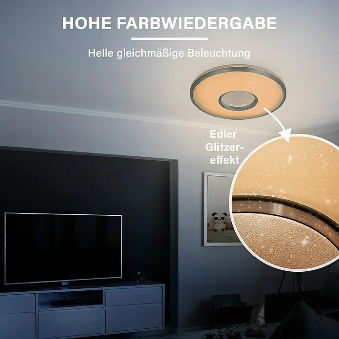 MegaLight LED-Deckenleuchte rund Shining Silver - 24 W, Ø x H: 49 x 8,5 cm, Weiß, Bernstein - Moderne LED-Deckenleuchte mit funkelndem Glitzereffekt für eine helle und gleichmäßige Ausleuchtung des Raumes.