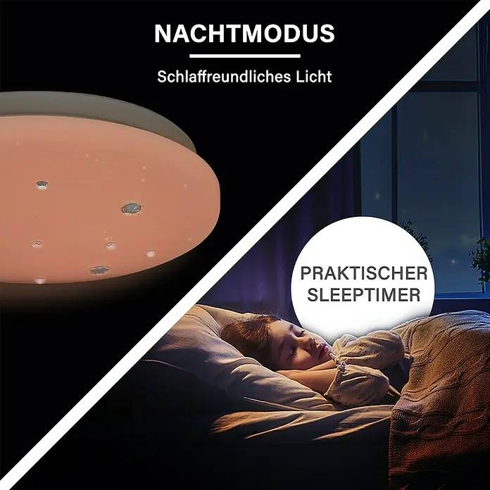 MegaLight LED-Deckenleuchte rund Shining Diamond - 9,5 W, Weiß, Warmweiß - Nachtmodus Deckenleuchte mit schlaffreundlichem Licht und praktischem Sleeptimer für eine erholsame Nachtruhe.