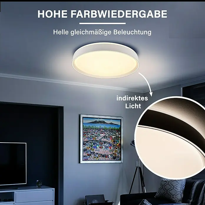 MegaLight LED-Deckenleuchte rund Shining Saturn - 45 W, Ø x H: 50 x 7,3 cm, Weiß, Bernstein - Elegante Deckenleuchte mit hoher Farbwiedergabe und indirektem Licht für eine helle, gleichmäßige Beleuchtung im Raum.