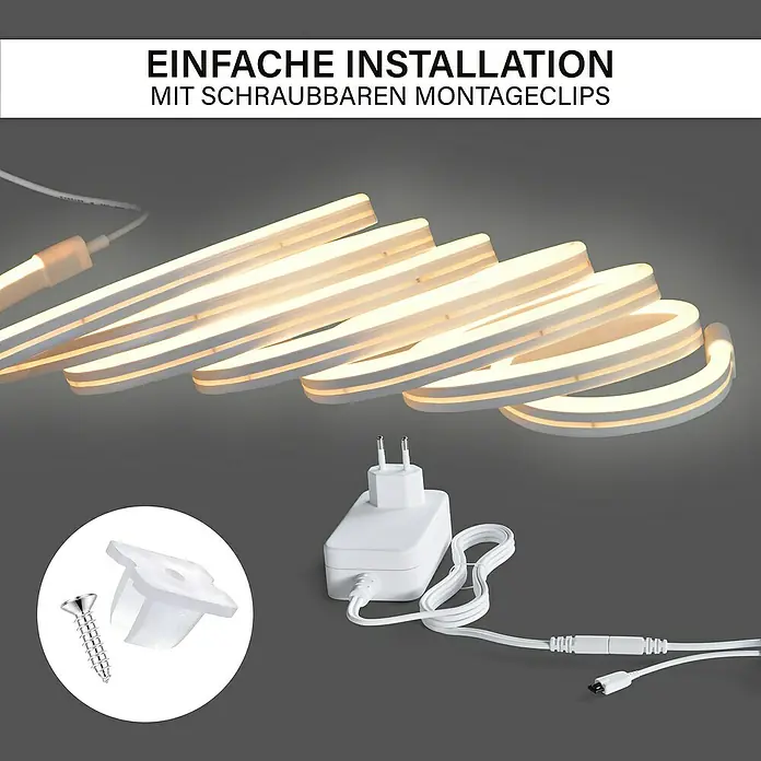 MegaLight LED-Stripes Neon - Länge: 5 m, 700 lm, Warmweiß - LED-Streifen mit Schraubbaren Montageclips für eine einfache Installation. Perfekt für die individuelle Beleuchtung und Dekoration im Innenbereich.
