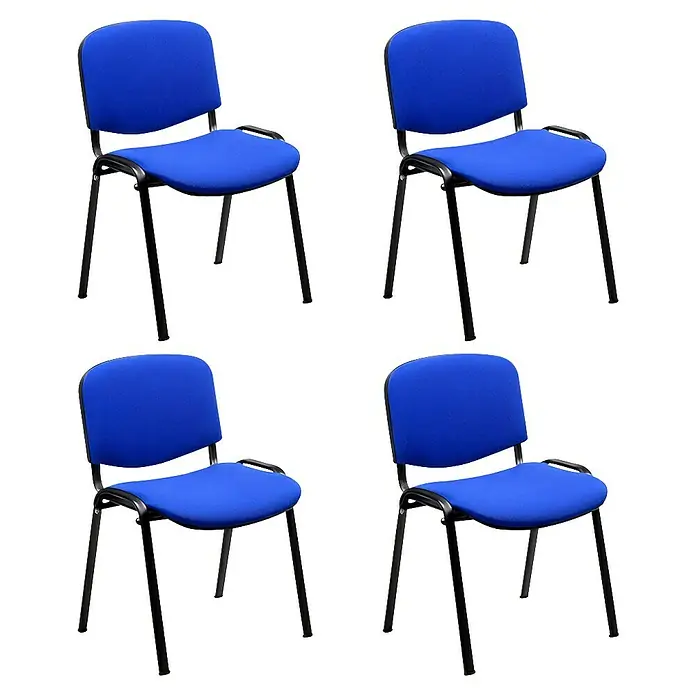 Unisit Silla Dado - Azul, Textil, 4 ud. - Cuatro sillas de oficina azules con estructura negra dispuestas, ideales para salas de conferencias o áreas de espera, ofreciendo comodidad y estilo.