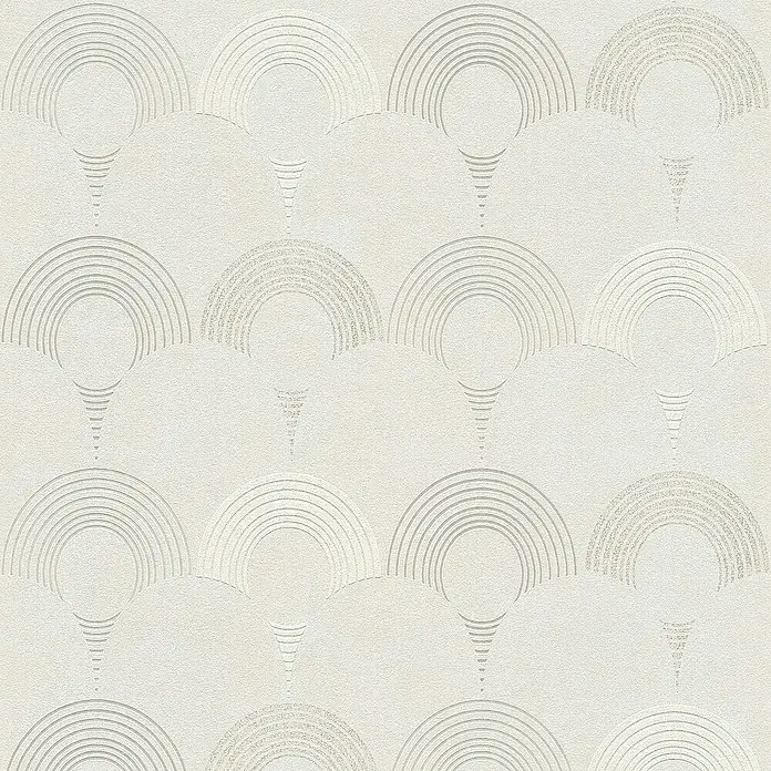 Tadessi Vliestapete M1-No.449 - Grau, Sonstiges, 10,05 x 0,53 m - Strukturierte hellbeige Tapete mit geprägtem geometrischem Muster aus geschichteten Halbkreisen und Fächerformen.