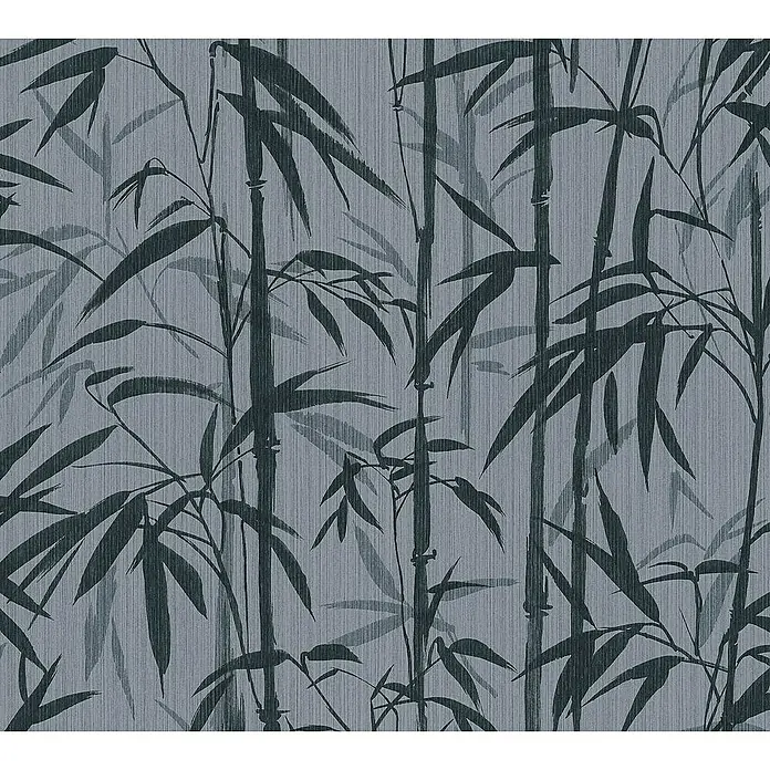 Tadessi Vliestapete M1-No.1626 - Schwarz, Floral, 10,05 x 0,53 m - Blaugraues Bambusmuster auf strukturiertem Hintergrund mit dunkleren Bambusstämmen und Blättern.