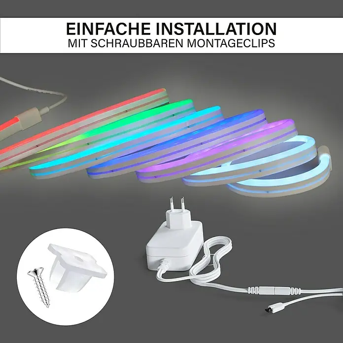 MegaLight LED-Stripes Smart - Länge: 3 m, RGBW, 300 lm - LED-Lichtschlauch mit farbwechselnden LEDs, Netzteil und Montageclips für eine einfache Installation.