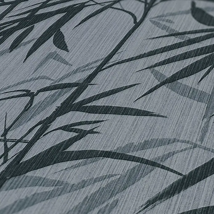 Tadessi Vliestapete M1-No.1626 - Schwarz, Floral, 10,05 x 0,53 m - Graublaue Tapete mit dezenter Textur und dunklerem graublauen Bambusblattmuster.