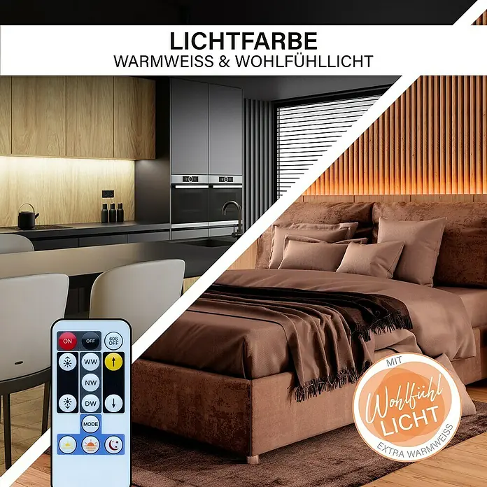 MegaLight LED-Stripes Neon - Länge: 5 m, 700 lm, Warmweiß - Das Bild zeigt eine LED-Leuchte mit verstellbarer Lichtfarbe. Warmweißes Licht für Küche und Schlafzimmer mit Fernbedienung zur einfachen Steuerung.