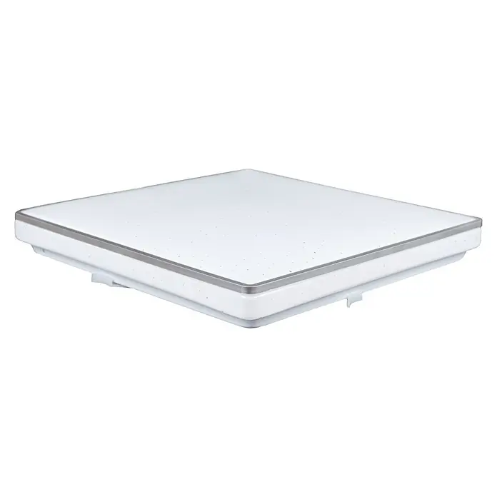 MegaLight LED-Deckenleuchte Shining Frame - 15 W, L x B x H: 27 x 27 x 4 cm, Weiß, Neutralweiß - Nahaufnahme einer quadratischen, weißen Deckenleuchte mit einem schlanken, silbernen Rahmen, die ein modernes und elegantes Design zeigt.