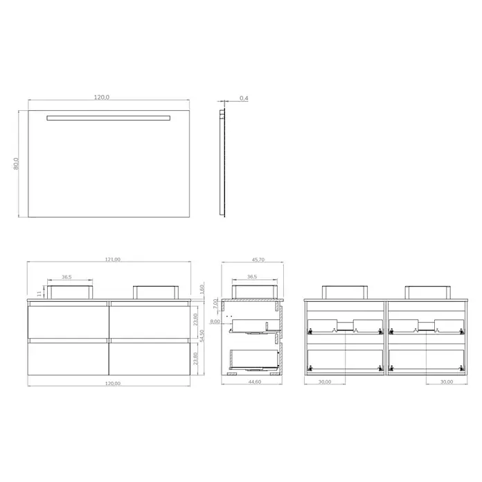 Conjunto de mueble de baño White - Ancho: 120 cm, Blanco, Mate, 3 pzs. - Imagen de un mueble de baño con espejo, dibujo técnico con dimensiones.